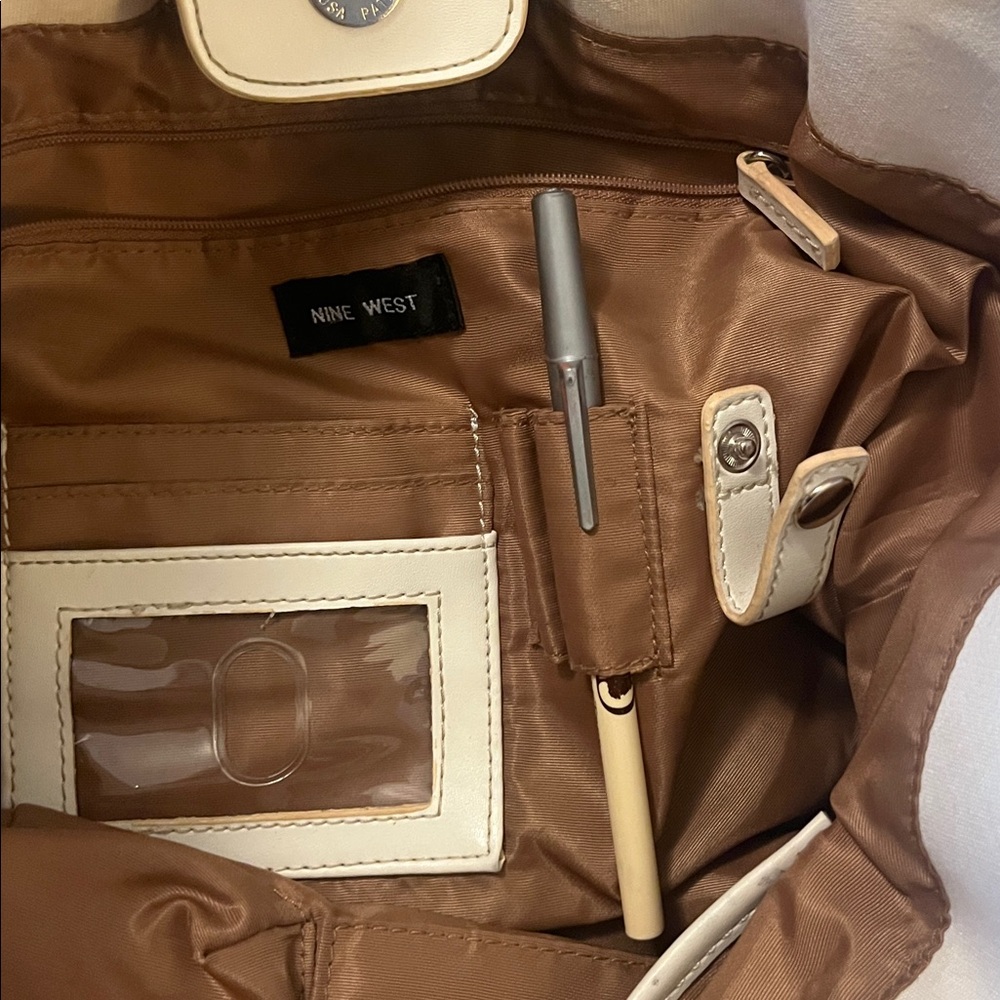 Nine West Florsl Embellished Colorful Canvas Faux Leather Tote Purse Bag - Picture 4 of 15